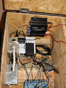 I know it's not the prettiest thing in the world with all those wires running about, but I assure you it's perfectly safe. Amp is at the top, Relay board is at the bottom. RPi is on the right.